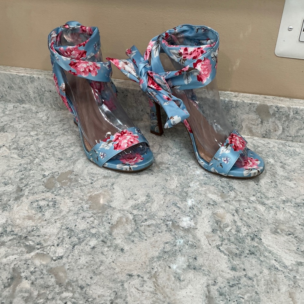 Kelly & Katie Sandals 7M Blue Pink Floral Satin Ankle Wrap Bow High Heels